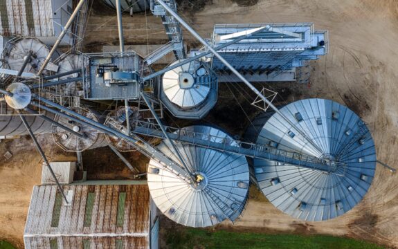 Picture of agricultural grain elevators viewed from overhead.